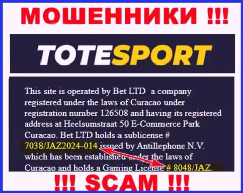 Показанная на веб-сервисе организации ToteSport лицензия на осуществление деятельности, не мешает сливать денежные средства людей