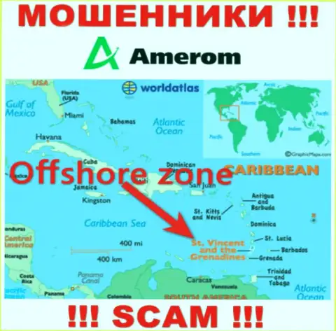 Организация Amerom De зарегистрирована очень далеко от слитых ими клиентов на территории Saint Vincent and the Grenadines