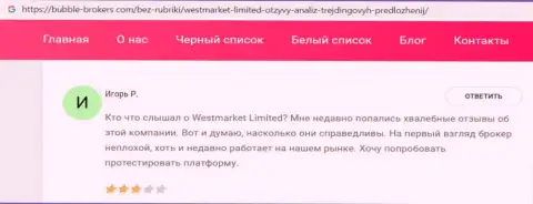 Клиент представил инфу о ФОРЕКС дилинговой организации WestMarketLimited на веб-сервисе Bubble Brokers Com