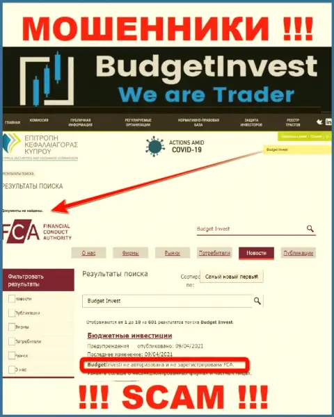 Данные о регуляторе организации BudgetInvest не разыскать ни у них на сайте, ни в сети