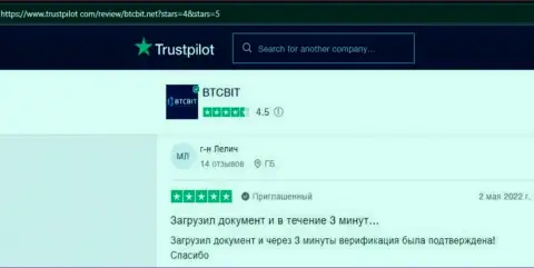 Клиенты BTCBit отмечают, на сайте trustpilot com, хороший сервис online обменника