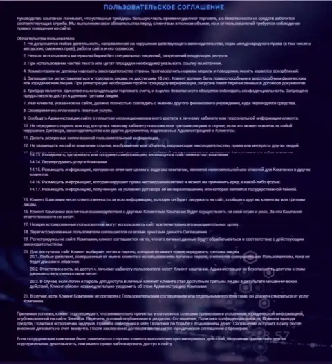 Пользовательское соглашение Зинейра, представленное на ресурсе брокерской организации