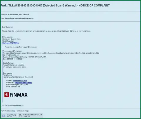 Аналогичная жалоба на официальный веб-сайт FiNMAX пришла и регистратору доменного имени