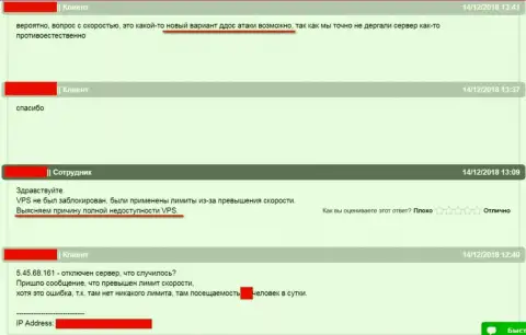 Переписка со службой технической поддержки хостинговой компании, где базировался веб-портал ffin.xyz по ситуации с блокированием сервера