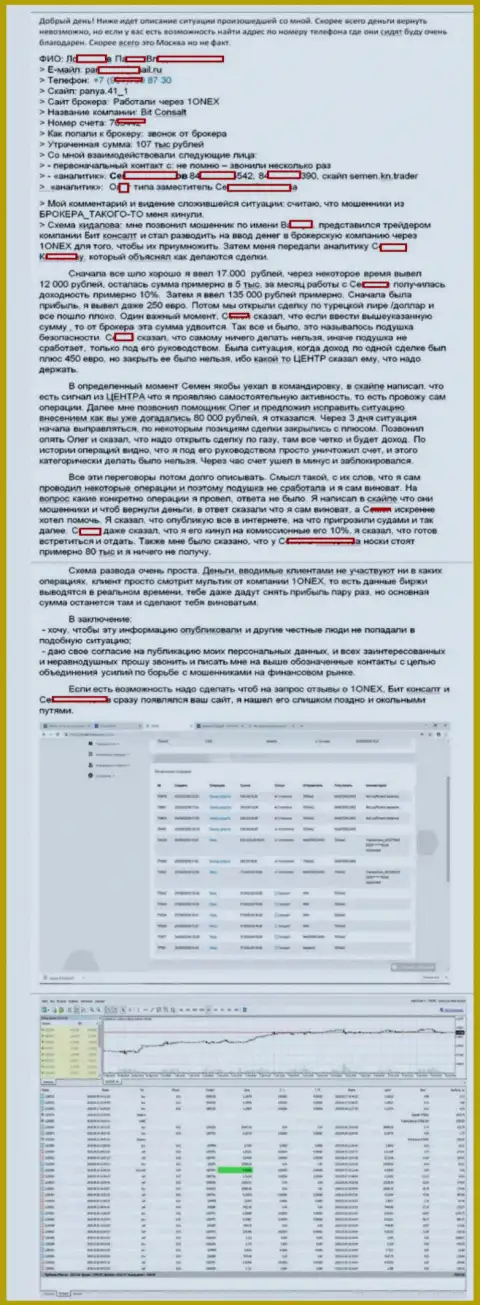 Подробная модель развода клиента обманщиками из 1Онекс Ком на сумму 107 тысяч рублей
